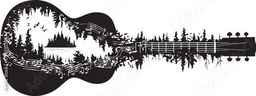 Guitar Silhouette with Nature: A unique guitar silhouette featuring nature scenes, evoking a harmonious blend of music and the wilderness, appealing to those who appreciate creativity.
