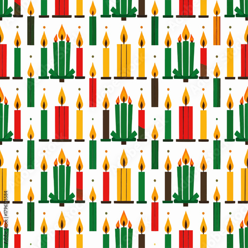 A seamless vector illustration of colorful holiday candles with glowing flames, creating a festive repeating pattern for celebratory backgrounds