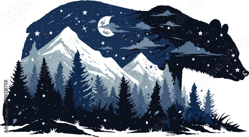 Bear-Shaped Wilderness: This image of a bear shape is filled with a mountain landscape. Inside the bear shape are forest trees, snow-covered mountains, the moon, and stars. 