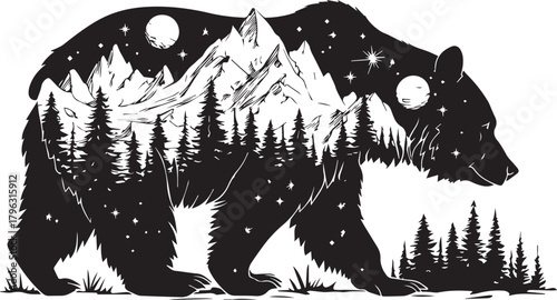 Nighttime Dreamscape: An artistic illustration of a bear walking, seamlessly integrates a mountainous landscape, stars, and moon. A testament to imagination and creativity.