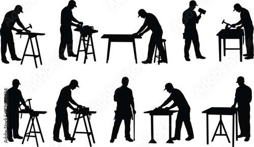 Carpenter silhouettes working with tools, woodworkers in action, construction teamwork, manual labor, workshop tasks, industrial craftsmanship vector illustration set