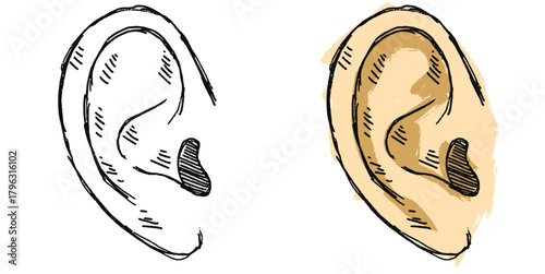 Grunge Sketch Handdrawn Ear Vector Ideal for medical, educational, or expressive anatomical projects requiring a raw, distressed sketch aesthetic for the human body.