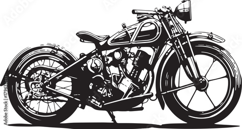 Classic Motorcycle Silhouette: A detailed silhouette of a vintage motorcycle, captured against a clean backdrop, showcasing the elegant lines and mechanical intricacy of this iconic vehicle. 