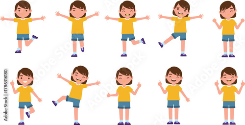 Cartoon child character set with expressive poses, gestures, emotions, playful movements, ideal for educational, animation, design, and storytelling projects