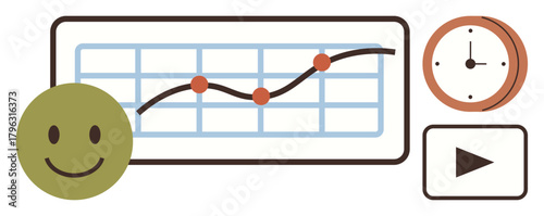 Growth chart over grid with markers, clock for time tracking, green happy face for customer satisfaction, and play button for media or process start. Ideal for business, productivity, analytics