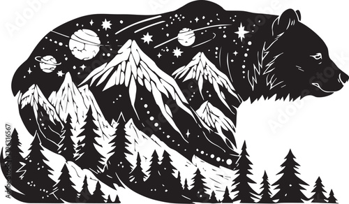 Bear in Nature: An artistic silhouette blends a majestic bear with celestial bodies and rugged mountains, celebrating nature's grandeur and the mysteries of the cosmos.