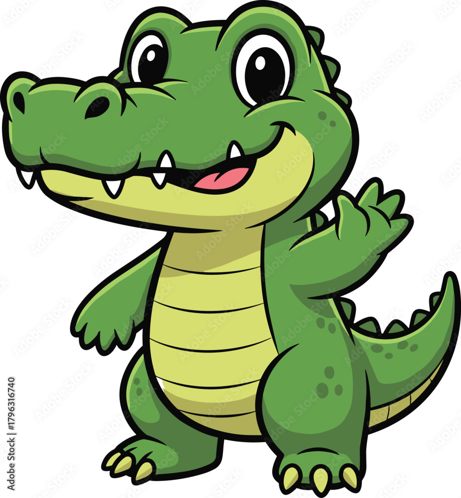 Fototapeta premium Cartoon crocodile character standing upright with smile, friendly green alligator vector for kids, education, mascot, jungle animal design