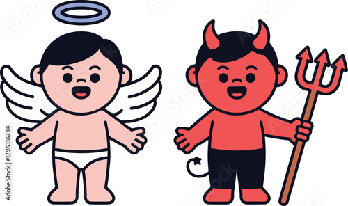 Angel and devil cartoon characters, good versus evil icons, halo trident symbolism, expressive moral figures, playful contrast illustration, white background
