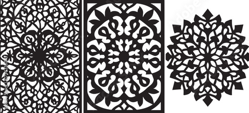 Intricate Geometric Designs: Displaying three detailed, symmetrical, and ornate geometric patterns, each a stunning display of precision, detail, and aesthetic. 