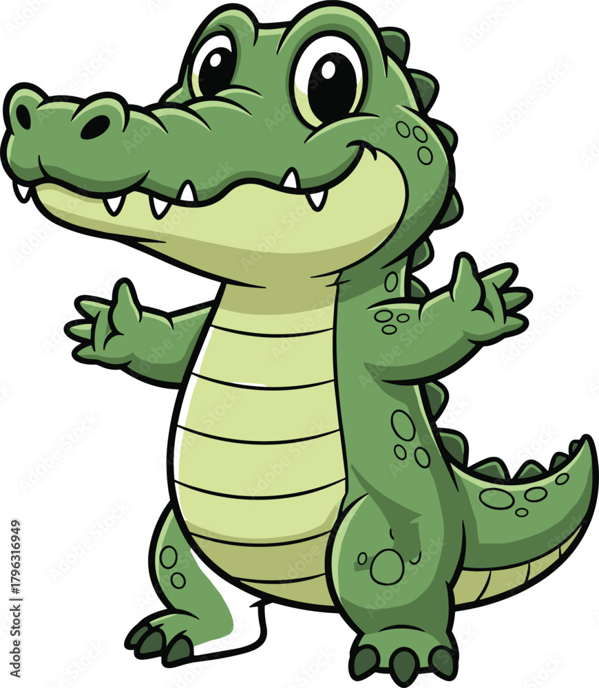 Obraz premium Cartoon green alligator standing upright with friendly smile, cheerful expression, cute character design for kids, education, and playful content