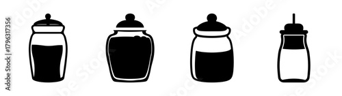 Four simple icons of jars with lids including a salt and pepper shaker
