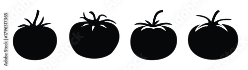 Four silhouette tomatoes with stems artistic rendering agricultural produce freshness healthy food