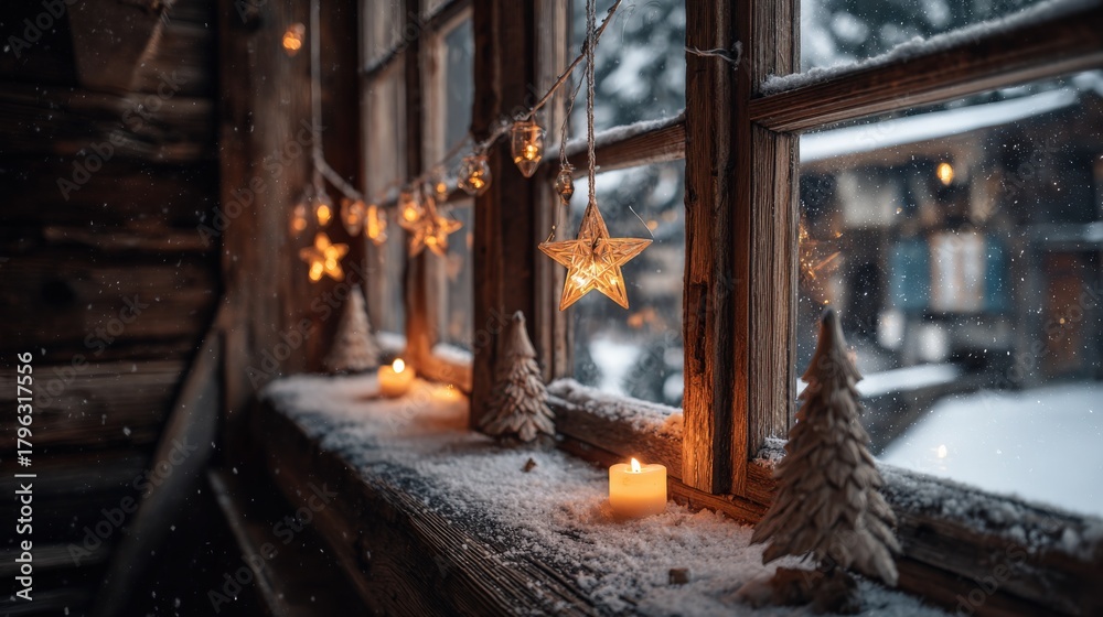 Fototapeta premium Cozy Christmas Window Display with Star Lights, Candles and Miniature Trees, Winter Holiday Atmosphere
