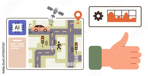 Roadway map with AI chip, satellite, car, pedestrian, traffic signals, dashboard chart, and thumbs-up icon. Ideal for technology, mobility AI innovation navigation urban design transportation