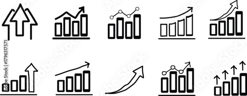 Growth icon set. Containing arrow up, growing graph, business chart icons. Vector illustration. 
