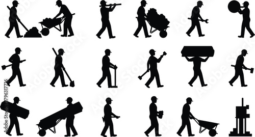 Construction worker silhouettes performing various tasks with tools, teamwork, safety gear, manual labor, industrial activity, vector illustration for stock content