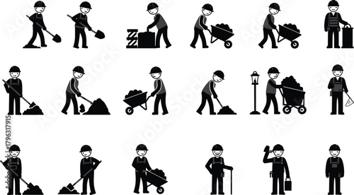 Construction workers icon set depicting industrial labor, safety gear, teamwork, machinery operation, and site activities in black and white vector style.
