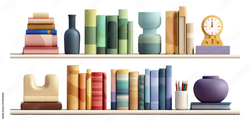 Obraz premium Colorful Illustration of Bookshelves with Stylish Objects and Minimalist Design