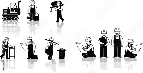 Construction workers in action with tools, equipment, and safety gear performing industrial tasks, teamwork, planning, and site operations illustration set.