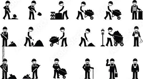 Construction workers in action performing industrial tasks, safety operations, teamwork, manual labor, and engineering roles in black and white vector icons