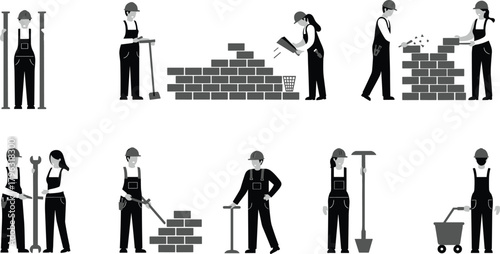 Construction workers in safety gear performing various building tasks, teamwork, tools, bricklaying, shoveling, wheelbarrow, industrial labor, vector illustration