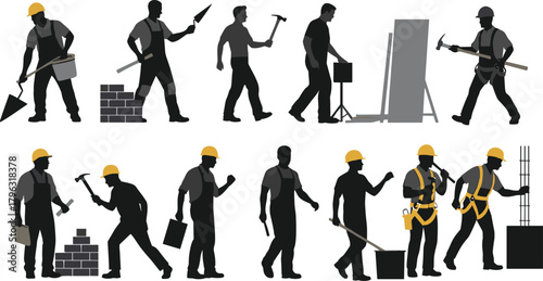 Construction workers in safety gear performing various tasks like bricklaying, hammering, planning, teamwork, and industrial labor in vector illustration