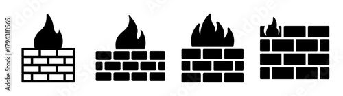 Set of four brick wall icons with flames symbolizing a digital firewall protection concept