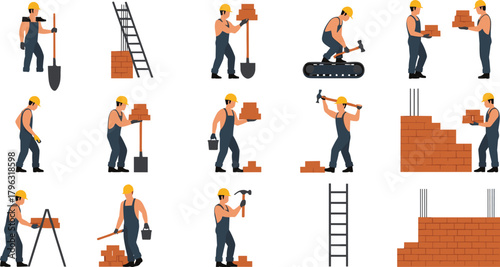 Construction Workers Performing Bricklaying, Masonry, and Labor Tasks with Tools, Machines, and Safety Gear on Industrial Site Vector Illustration Set