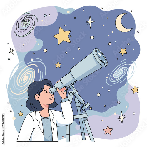 Flat Illustration Science Cartoon Scene Depicting Space Exploration with Stars and Telescope Observation