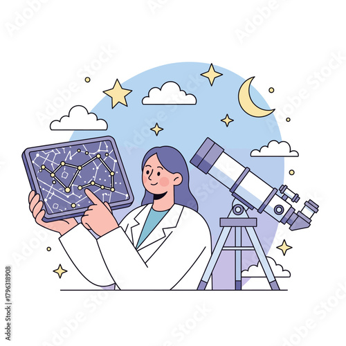 Flat Illustration of Science, Space, Cartoon Scene with Astronomer Examining Constellations Near Telescope