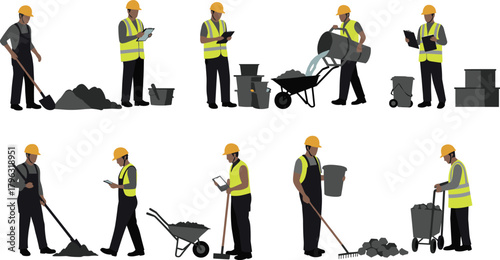 Construction workers performing various tasks with safety gear, teamwork, manual labor, industrial tools, and site maintenance in vector illustration style.