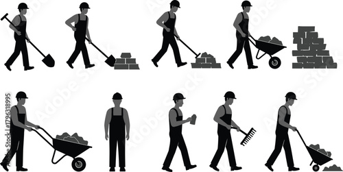 Construction workers performing various tasks with tools, bricks, and wheelbarrows on site, showcasing teamwork, labor, safety, and industrial activity.