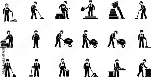 Construction Workers Silhouette Icons Performing Labor Tasks with Tools, Safety Gear, and Equipment for Industrial, Manual, and Site Work Illustration