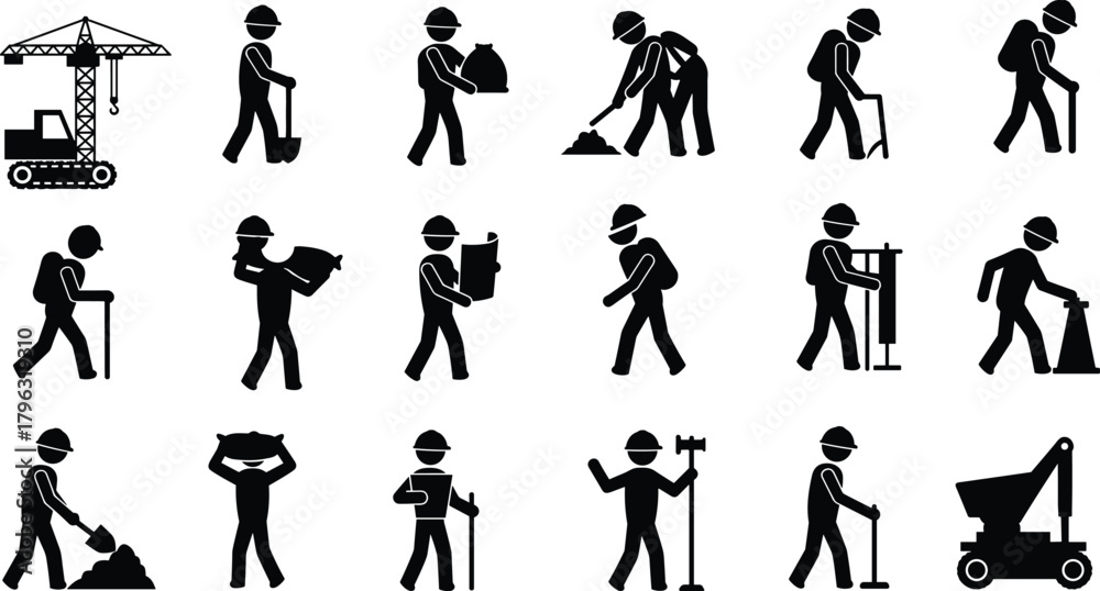 Fototapeta premium Construction workers silhouette set with tools, teamwork, safety gear, industrial tasks, machinery, labor icons for building, engineering, and site operations.