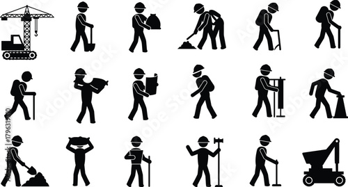 Construction workers silhouette set with tools, teamwork, safety gear, industrial tasks, machinery, labor icons for building, engineering, and site operations.