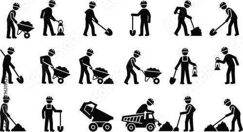 Construction workers silhouette set with tools, wheelbarrow, shovel, jackhammer, dump truck, labor icons for industrial, safety, and teamwork themes.