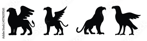 Four stylized griffin silhouettes mythical creatures profile views ancient legendary beasts