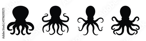 Four animated black octopus silhouettes showing tentacle movement and expansion