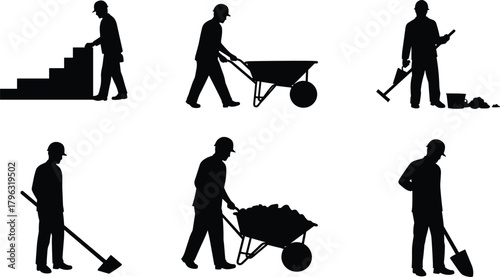 Construction workers silhouettes performing labor tasks with shovel, wheelbarrow, stairs – industrial vector set for building, site, and safety themes