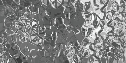 Abstract grayscale textured background resembling cracked ice or molten metal with a network of irregular, shiny cells and dark crevices for futuristic or industrial design