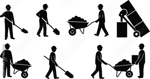 Construction workers silhouettes performing manual labor tasks with tools, wheelbarrows, and safety gear for industrial, engineering, and infrastructure themes