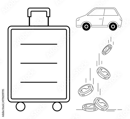 Luggage with wheels, compact car, and falling coins reflect travel costs, financial management, and budgeting. Ideal for tourism, savings, planning, transport economy logistics simple flat