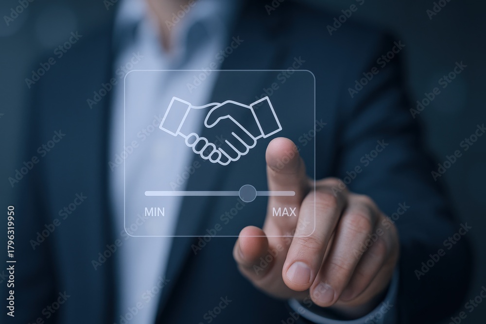 Obraz premium Business Agreement Optimization: Man Interacting with Handshake Icon on Virtual Interface for Partnership Enhancement