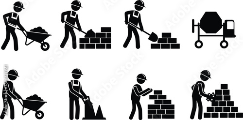 Construction workers silhouettes performing masonry, concrete, and labor tasks with tools, wheelbarrows, bricks, and equipment for industrial site illustration