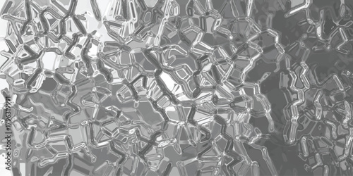 Intricate network of sharp, angular gray shapes with metallic highlights creating a complex, crystalline, or molecular abstract background