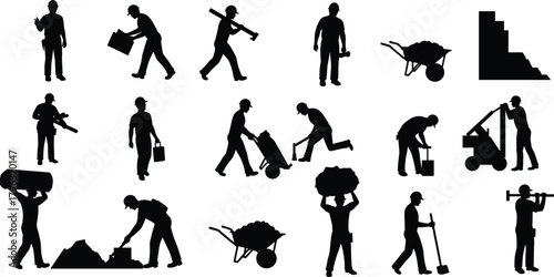 Construction workers silhouettes performing various manual labor tasks with tools, machinery, teamwork, safety gear, and industrial equipment on white background