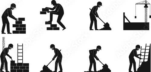 Construction workers silhouettes performing masonry, demolition, ladder climbing, and site tasks with hard hats, teamwork, safety, and industrial labor scenes