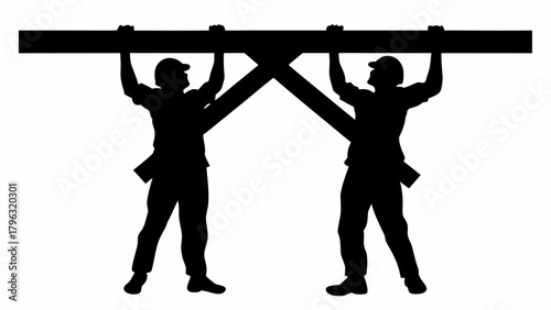 Two construction workers in silhouette lifting a beam with cross supports above their heads in black and white | editable eps vectors