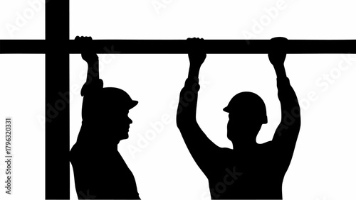 Silhouette of two construction workers in helmets lifting a beam with a cross shaped support structure | editable eps vectors