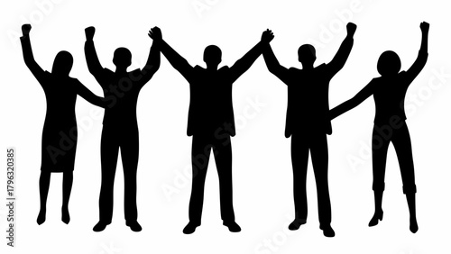 Silhouette of five people with raised arms in celebration and unity against a white background space | editable eps vectors